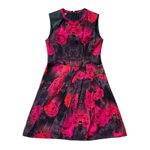 Nanette Lepore Dress Size 2 | Rose Print, Leather Trim, Fit & Flare, Made in USA